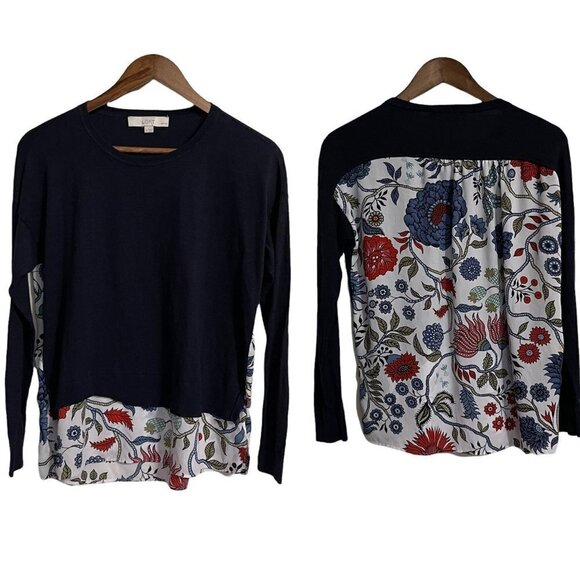 LOFT Sweaters - LOFT Women's Navy Blue Floral Semi Sheer Faux Layer Ribbed Cuff Sweater Medium P